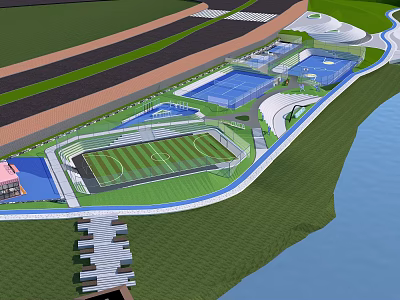 Waterfront Landscape Design Featuring Football Field Tennis Courts Green Spaces And Waterfront Promenade 3d model