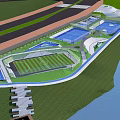 Waterfront Landscape Design Featuring Football Field Tennis Courts Green Spaces And Waterfront Promenade