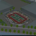 Large Outdoor Basketball Stadium With Colorful Stands Green Court And Surrounding Trees