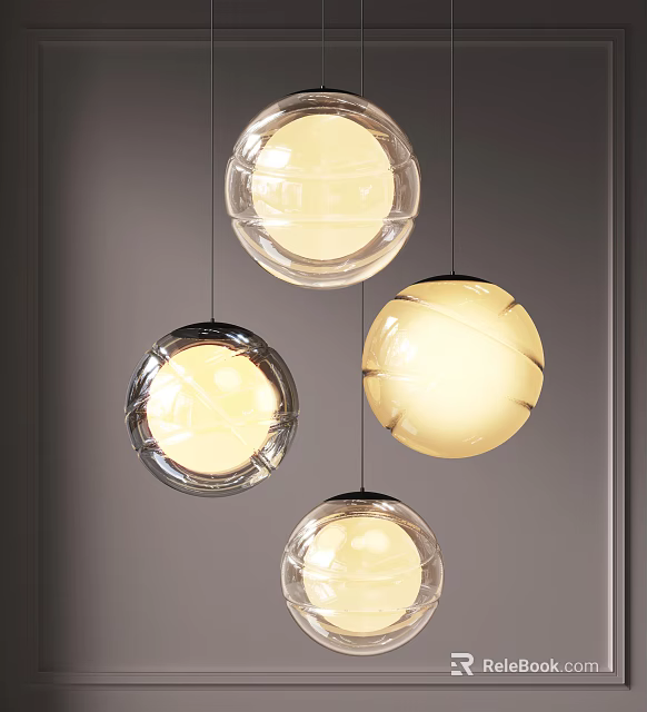 Four Modern Spherical Glass Pendant Lights With Warm Yellow Light For Interior 3d model 