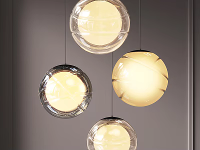 Four Modern Spherical Glass Pendant Lights With Warm Yellow Light For Interior 3d model