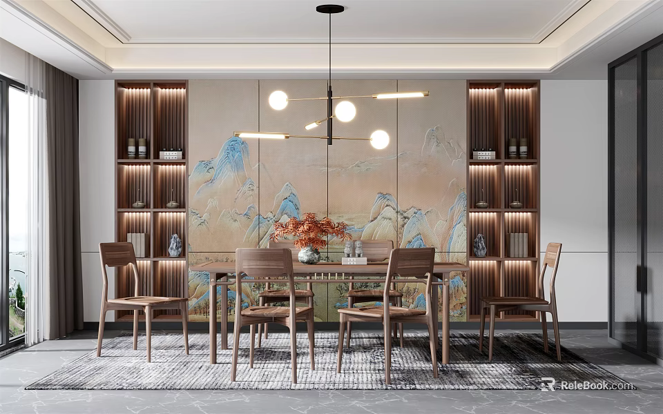 Chinese Style Restaurant Interior With Wooden Dining Table Chairs Mountain Landscape Wall And Pendant Lights 3d model 