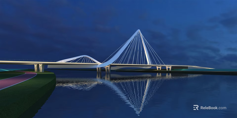 Modern Cable Stayed Landscape Bridge With Nighttime Blue Sky And Water Reflection 3d model 