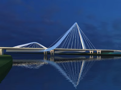 Modern Cable Stayed Landscape Bridge With Nighttime Blue Sky And Water Reflection 3d model