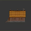 Cartoon Scene Featuring Cute Wooden Cottage With Orange Thatched Roof Stone Base And Wooden Stairs