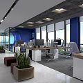 Open Public Office Interior With Blue Walls Glass Partitions Green Plants Desks Computers And Sofa