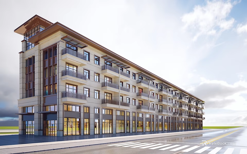 Modern Commercial Street Building With Multi Storey Structure Glass Storefronts Balconies And Retail Shops 3d model 