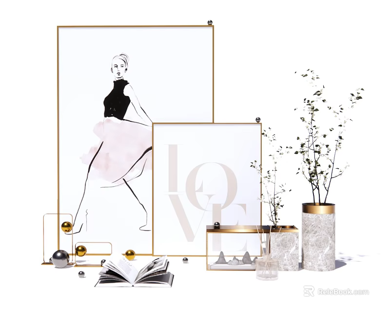 Elegant Decorative Ornament Set With Golden Frames Minimalist Artwork Marble Vases And Open Books 3d model 