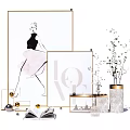 Elegant Decorative Ornament Set With Golden Frames Minimalist Artwork Marble Vases And Open Books