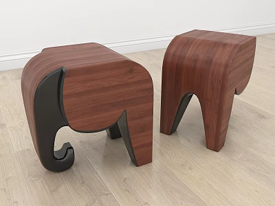 Two Elephant Shaped Wooden Stools With Brown Body And Black Legs 3d model