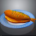 Delicious Cooked Orange Fish Served on Blue Patterned Plate with Green Garnish