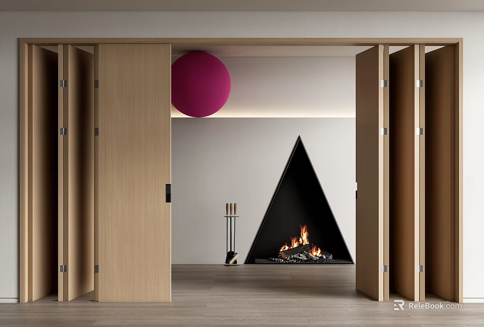 Wooden Folding Doors Open In Modern Living Space With Fireplace And Decorative Pink Ball 3d model 