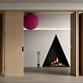 Wooden Folding Doors Open In Modern Living Space With Fireplace And Decorative Pink Ball