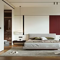 Modern Bedroom Interior With Bed Nightstand Red Curtains Accent Chair And Rug