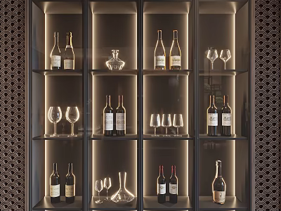 Wine Bottles and Wine Glasses Display in Modern Illuminated Wine Cabinet with Layered Shelves 3d model