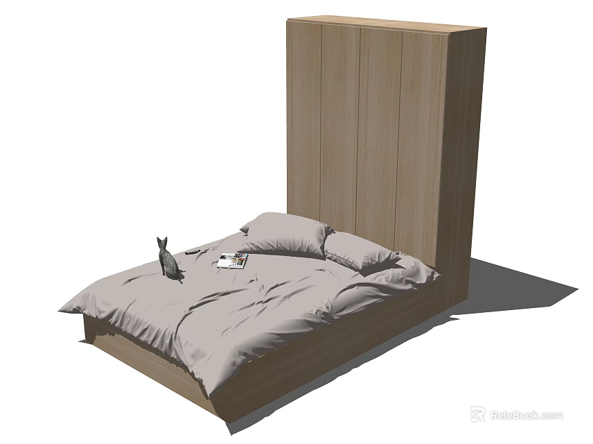 Modern Wooden Headboard Bed With Cozy Bedspread Pillows Cat And Tray 3d model 