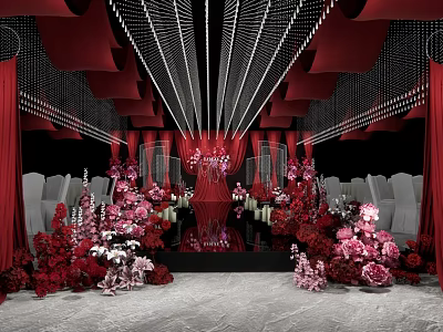 Elegant Banquet Hall With Red Decor Pink Flowers And Hanging Chandeliers 3d model