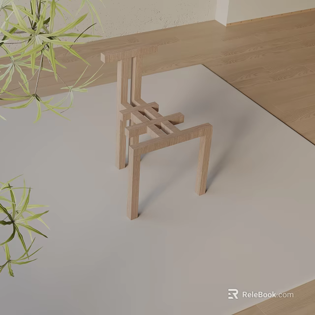 Simple Wooden Dining Chair Interior With Green Plant On Light Floor Decoration 3d model 