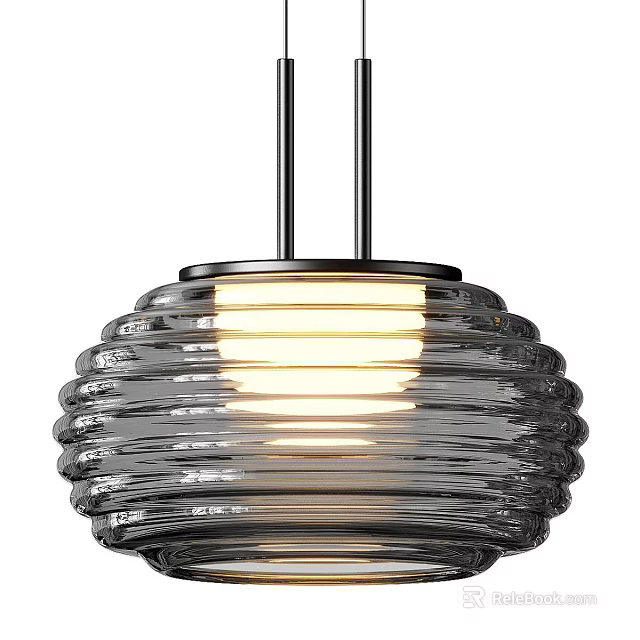 Modern Ribbed Glass Pendant Light With Illuminated Warm Glow And Sleek Metal Frame 3d model 