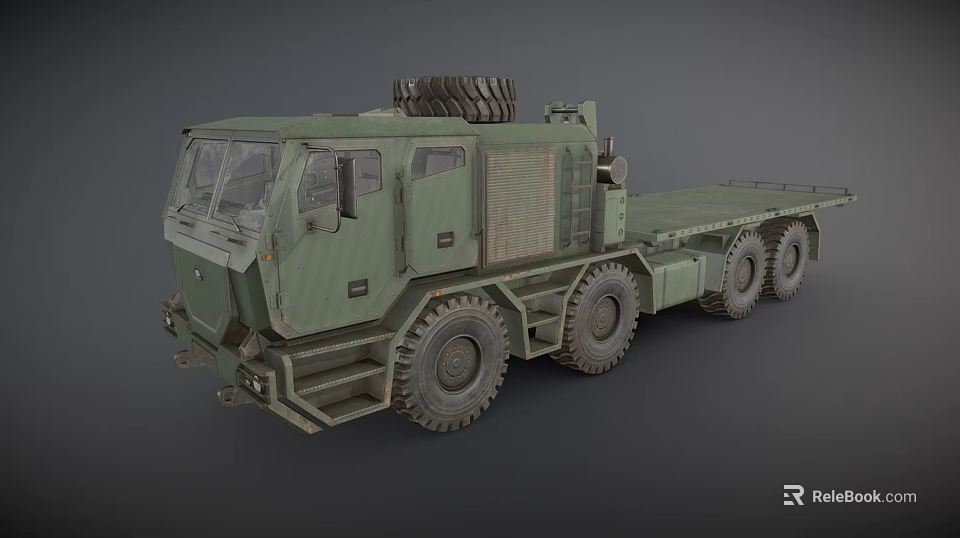 Green Military Truck with Flatbed Trailer Spare Tire on Top and Multiple Large Wheels 3d model 