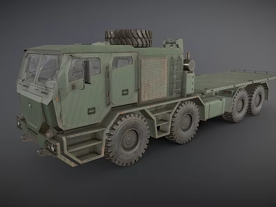 Green Military Truck with Flatbed Trailer Spare Tire on Top and Multiple Large Wheels 3d model