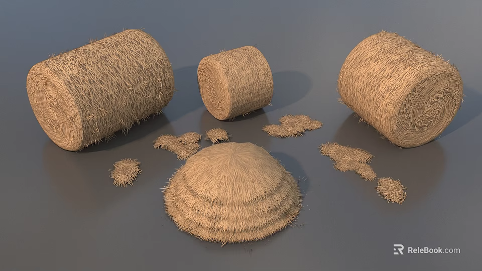 Round Hay Bales And Scattered Hay Piles In Natural Rural Setting 3d model 