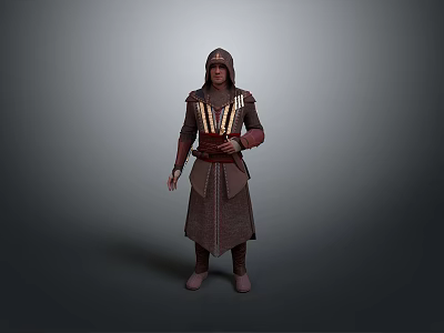 Man In Medieval Style Hooded Brown Robe With Ornamental Belt And Long Tunic 3d model
