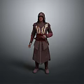 Man In Medieval Style Hooded Brown Robe With Ornamental Belt And Long Tunic