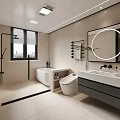 Modern Bathroom Interior Design With White Bathtub Toilet Vanity Sink And Round Mirror