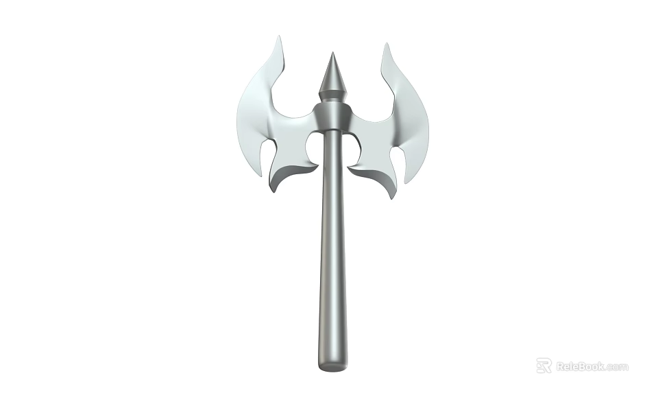 Silver Double Bladed Battle Axe Weapon With Spiked Tip And Long Handle 3d model 
