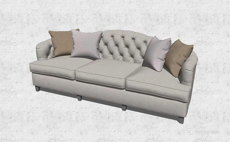 Gray Sectional Sofa with Tufted Back Scroll Arms and Gray Brown Cushions 3d model