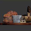 Decorative Animal Figurine With Red Stone Blue Ceramic Bowl And Wooden Plate