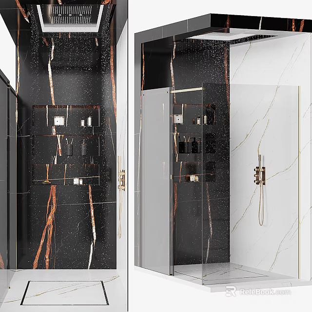 Modern Shower Sauna Interior With Marble Walls Glass Enclosure And Storage Fixtures 3d model 