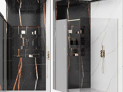 Modern Shower Sauna Interior With Marble Walls Glass Enclosure And Storage Fixtures 3d model