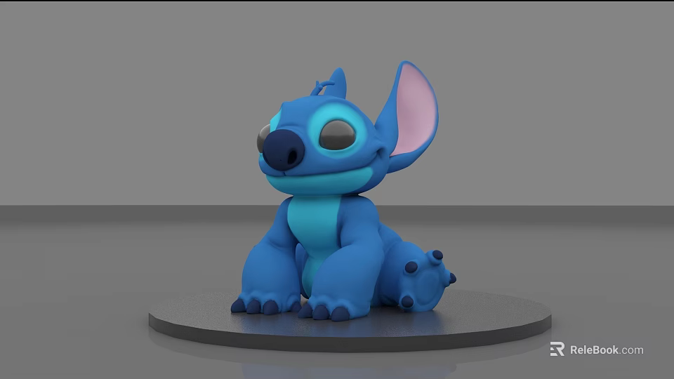 Cute Blue Stitch Doll With Big Pink Ears Black Nose Sitting On Black Circular Base 3d model 