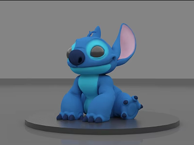 Cute Blue Stitch Doll With Big Pink Ears Black Nose Sitting On Black Circular Base 3d model