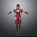 Woman in Red and Gold Ornate Outfit With Corset Design and Long Brown Boots