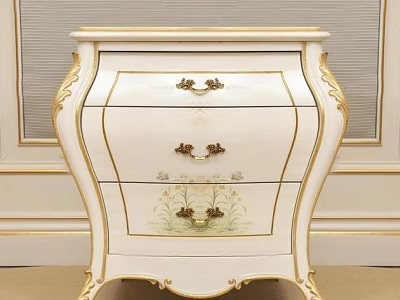 Classical White Nightstand With Gold Accents Three Drawers Ornate Handles And Floral Patterns 3d model