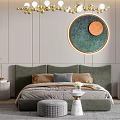 Modern Bedroom Interior With Green Headboard Round Decorative Painting Gold Chandelier Nightstands And Soft Rug