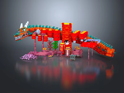 Chinese Traditional Dragon Building Block Scene With Red Lanterns Panda Pavilion And Flowers 3d model