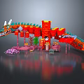 Chinese Traditional Dragon Building Block Scene With Red Lanterns Panda Pavilion And Flowers