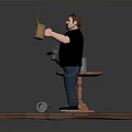 Man Standing On Wooden Plank Platform With Round Table Metal Canister And Red Stool