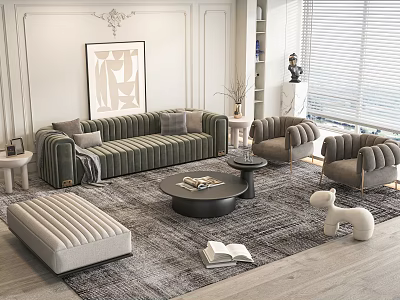 Modern Sofa Coffee Table Set With Armchairs Ottoman Rug And Wall Art Decor 3d model