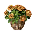 Woven Basket Vase With Orange Roses And Green Leaves For Home Decor