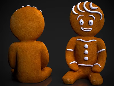 Two Gingerbread Men Front And Back Views With White Icing Eyes Smile Buttons And Outlines 3d model