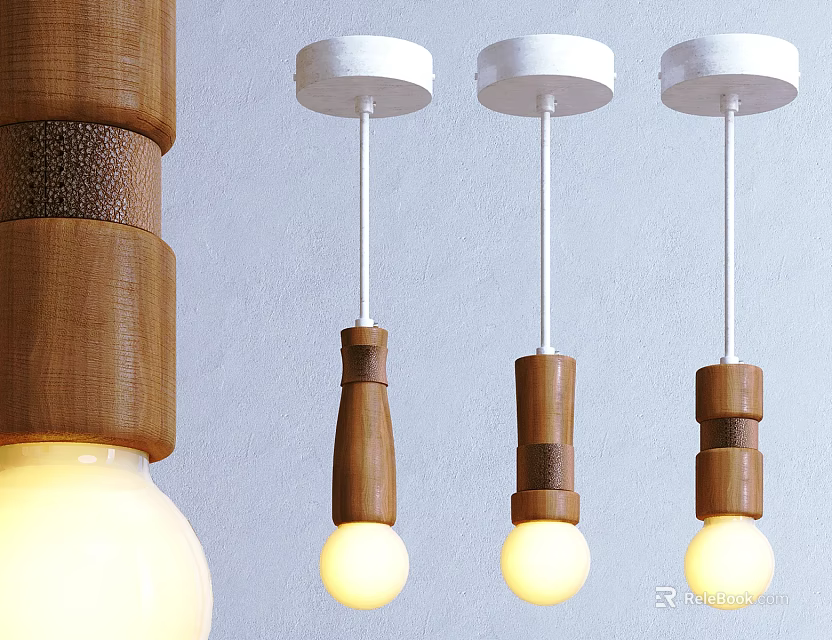 Three Modern Wooden Pendant Lights with White Base and Warm Glowing Bulbs 3d model 