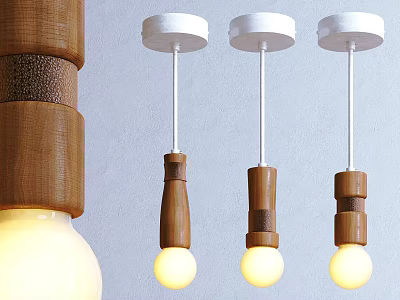 Three Modern Wooden Pendant Lights with White Base and Warm Glowing Bulbs 3d model