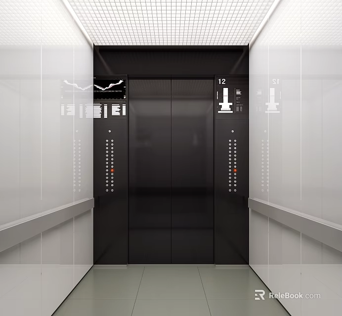 Modern Elevator Interior With Black Doors White Walls Control Panels And Ceiling Lights 3d model 