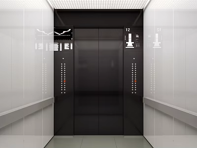 Modern Elevator Interior With Black Doors White Walls Control Panels And Ceiling Lights 3d model