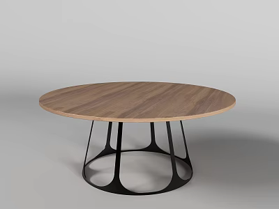 Modern Round Dining Table With Wooden Tabletop And Black Metal Base 3d model